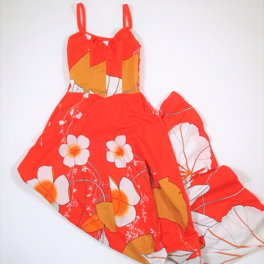 COPY - Vintage 70s Fit Flare Maxi Dress Orange Fl…